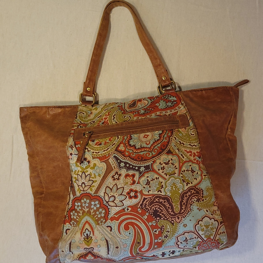 Leather-Trimmed Paisley Tote Bag in Brown and Multi